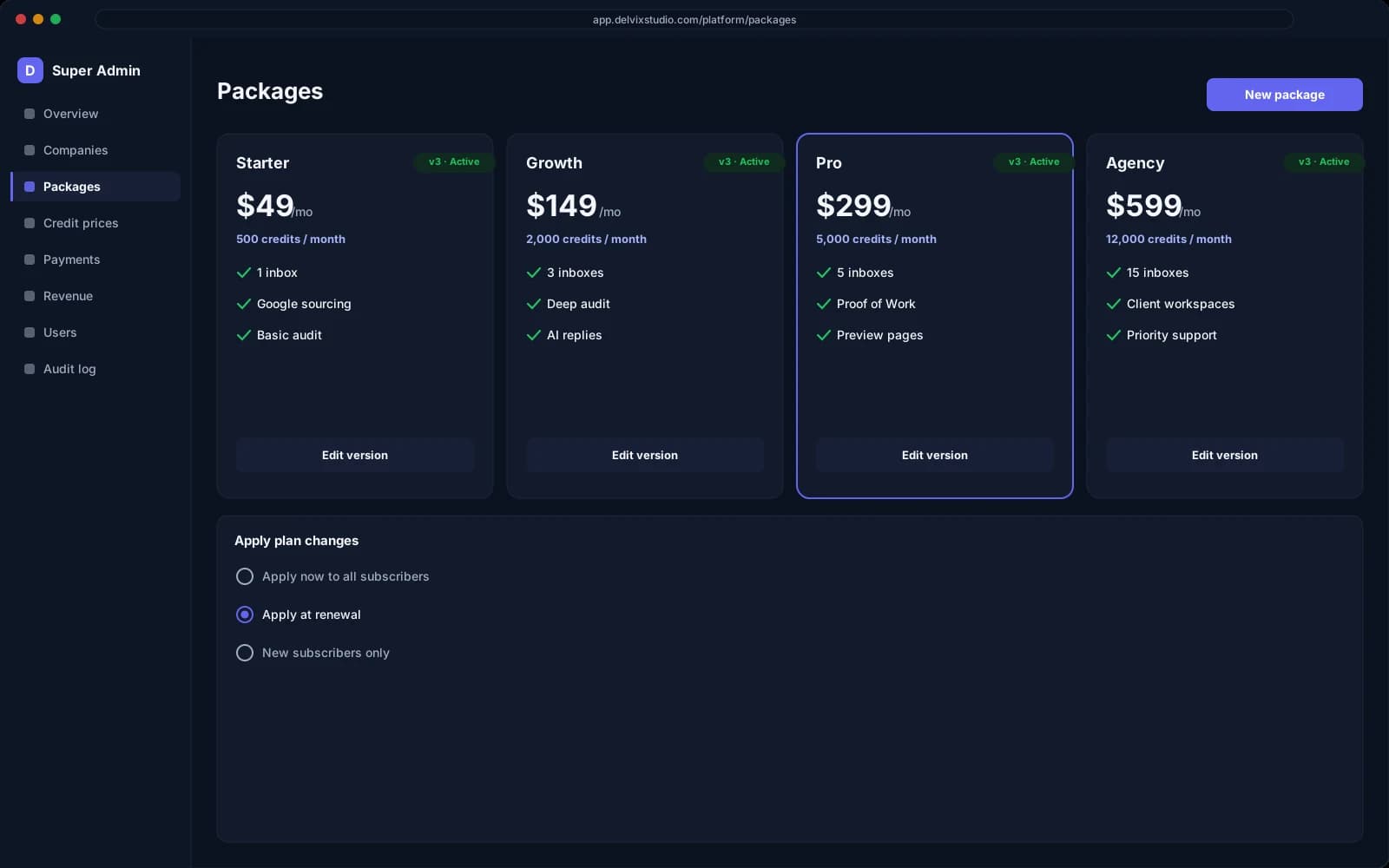 Packages and credits in Super Admin